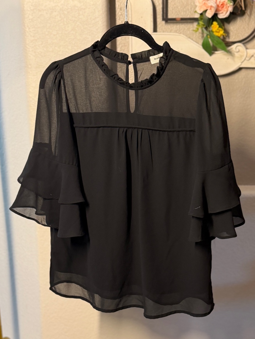 Monteau Black Sheer Ruffle-Sleeve Blouse
